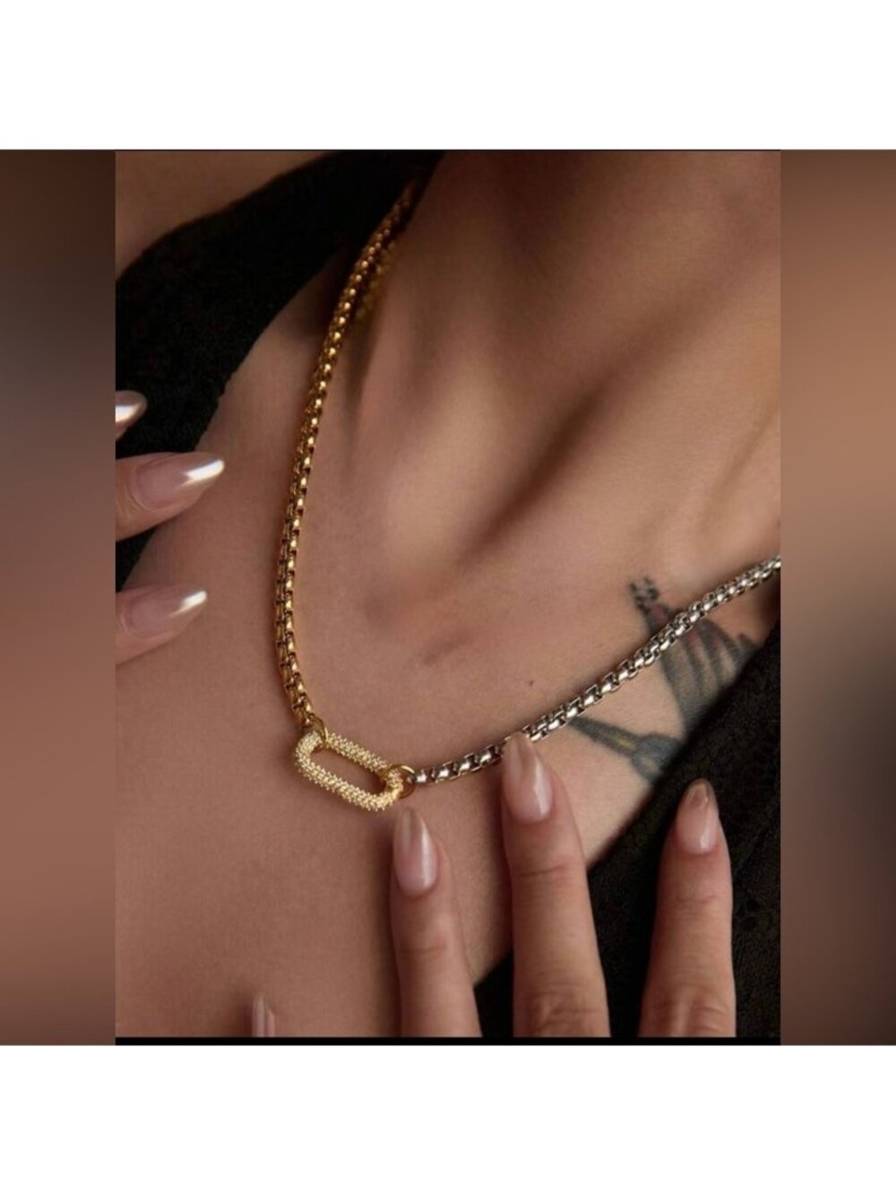 18k Gold Plated Two-Tone Chain Necklace with Textured Link